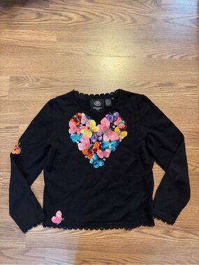 Michael Simon Black Long-Sleeve  with Multicolor Floral Heart Appliqué